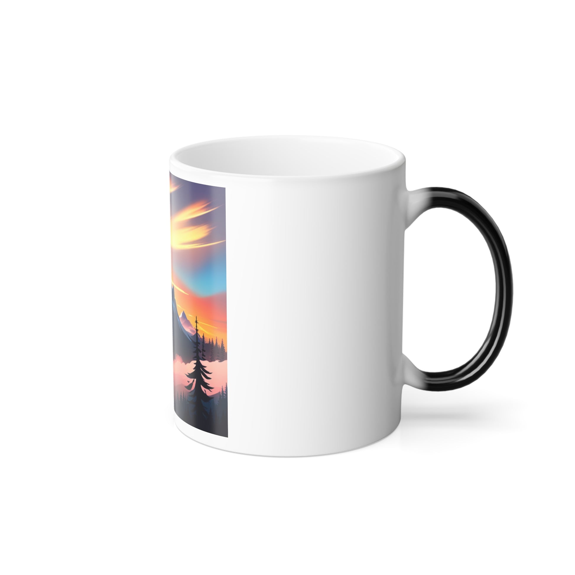 a white coffee mug with a picture of a sunset