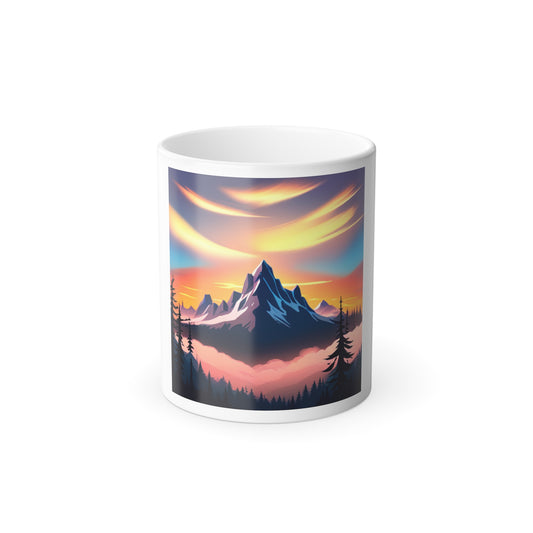 a coffee mug with a painting of a mountain