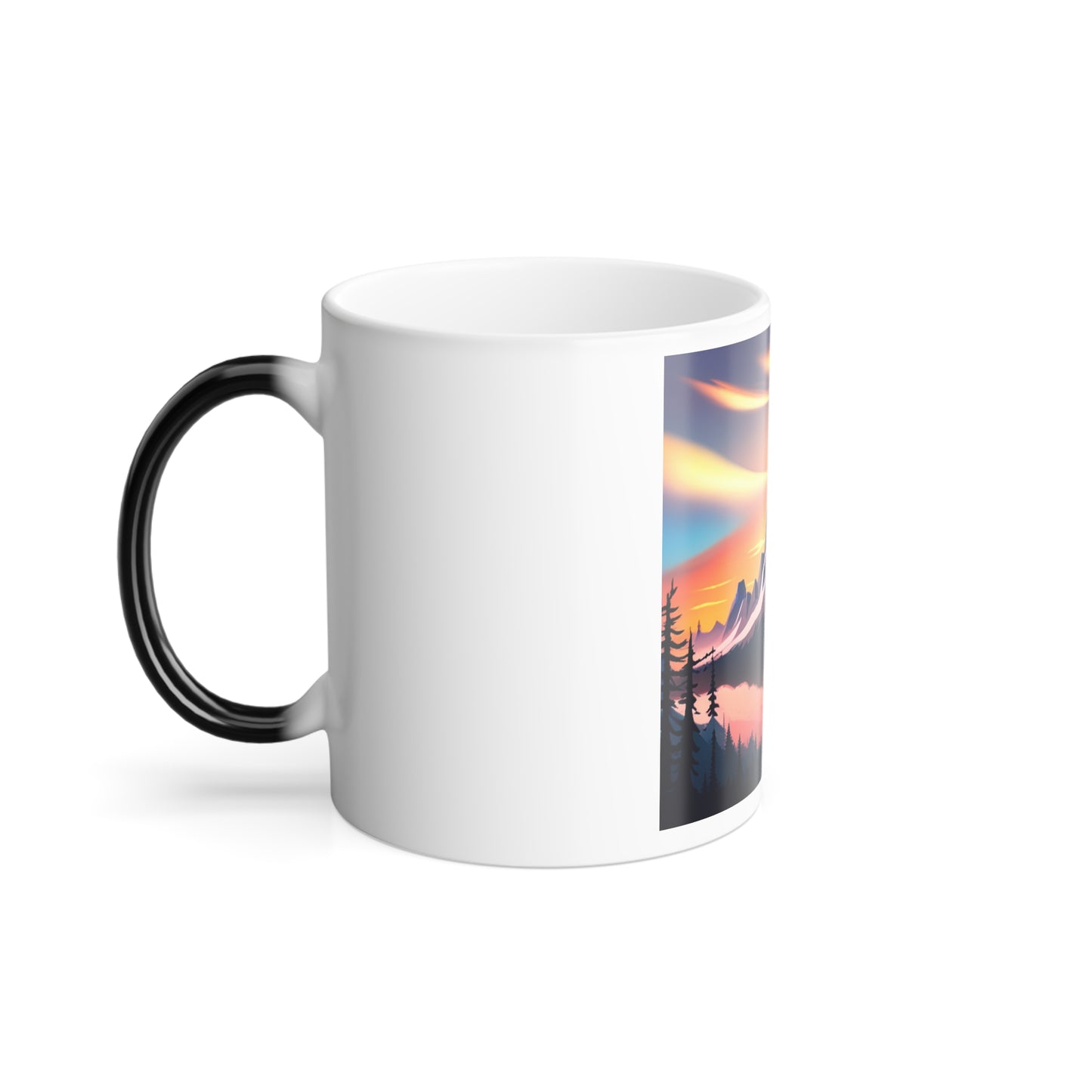 a black and white coffee mug with a sunset scene